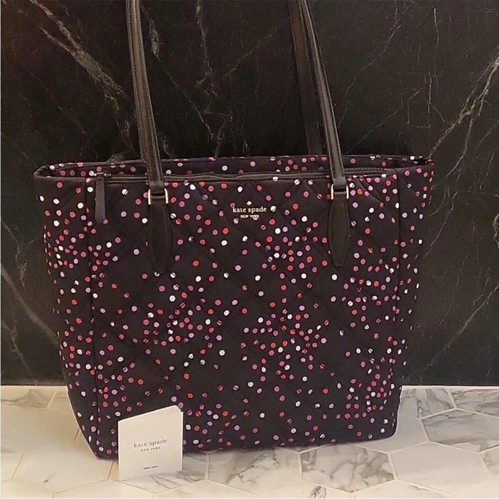 KATE SPADE ♠️ CANVAS POLKADOT TOTE HANDBAG PURSE BLACK with Confetti colors